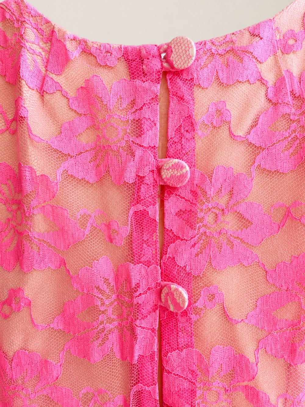 Vintage 60s Hot Pink Floral Lace Shift Mini Dress Sheer Bell Sleeve Slip XS / S - Picture 8 of 17